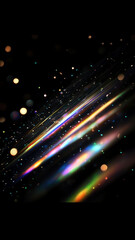 Obraz premium Holographic abstract light refraction with prismatic rainbow flares and sparkling colorful bokeh, glowing sparkles on dark. Dreamy, futuristic energy with colorful starburst effects. Generative ai