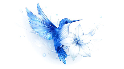 Obraz premium Enchanting blue and white hummingbird hovering gracefully beside a delicate flower. Concept of nature's harmony, elegance, and artistic serenity.