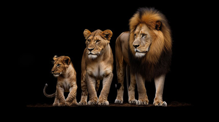 Fototapeta premium Family of lions with a lion, a lioness, and several cubs. Representing the strength, resilience, and love.