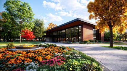 Obraz premium modern community center surrounded by vibrant flowers and trees, showcasing welcoming atmosphere. building features large windows and cozy outdoor fire pit, perfect for gatherings