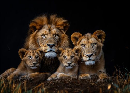 Family of lions with a lion, a lioness, and several cubs. Representing the strength, resilience, and love.