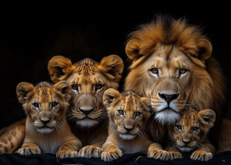 Family of lions with a lion, a lioness, and several cubs. Representing the strength, resilience, and love.