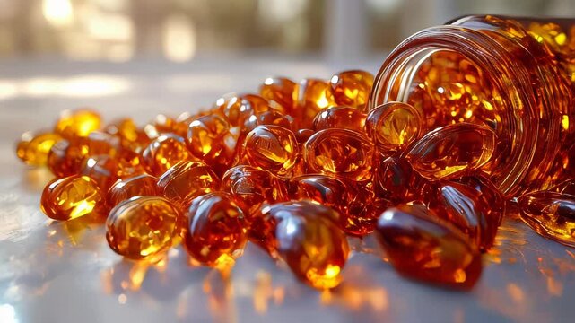 A jar tipped over with glossy amber-colored gel capsules spilling onto a white surface
