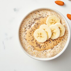 High Resolution Overnight Oats with Banana and Almonds in Bowl