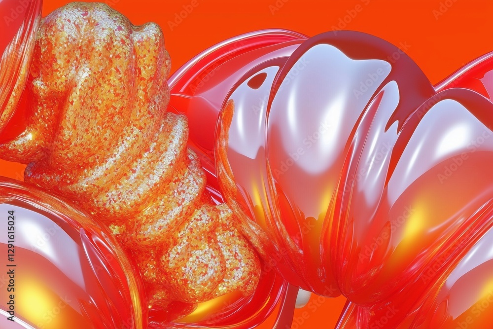 Poster an abstract composition featuring glossy, intertwined shapes in vibrant orange and red hues. the tex