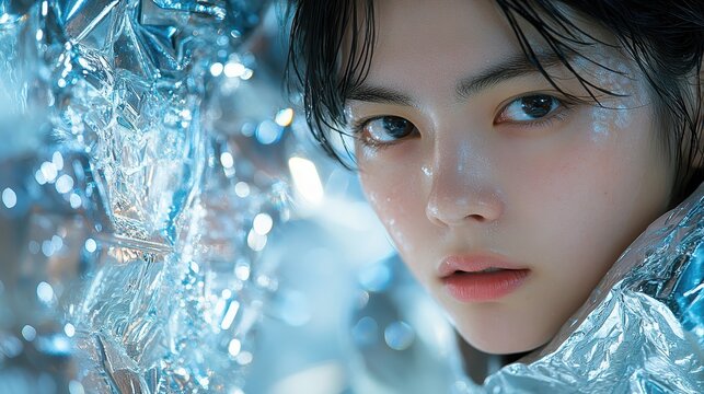 Crystalline Gaze Portrait of a Young Woman Amidst Icy Fragments