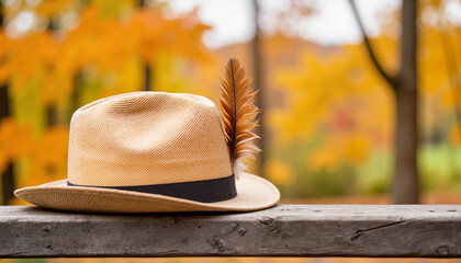 Stylish straw hat with feather resting on a wooden fence against autumn foliage for fashion blogs, eco-friendly themed designs, seasonal promotions, and lifestyle presentations