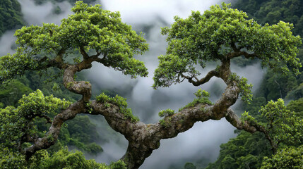 stunning tree with heart shaped formation, surrounded by misty mountains, evokes sense of tranquility and connection with nature