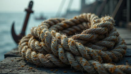 Fototapeta premium Old, Frayed Rope on a Weathered Wooden Dock, Dramatic Cinematic Lighting, High-Contrast Texture, Salt Residue and Moss, Misty Ocean and Rusted Anchor in the Background, Maritime Aesthetic