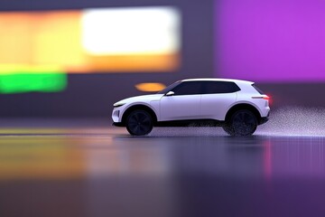 Sleek white SUV gliding on glossy surface, vibrant neon lights r