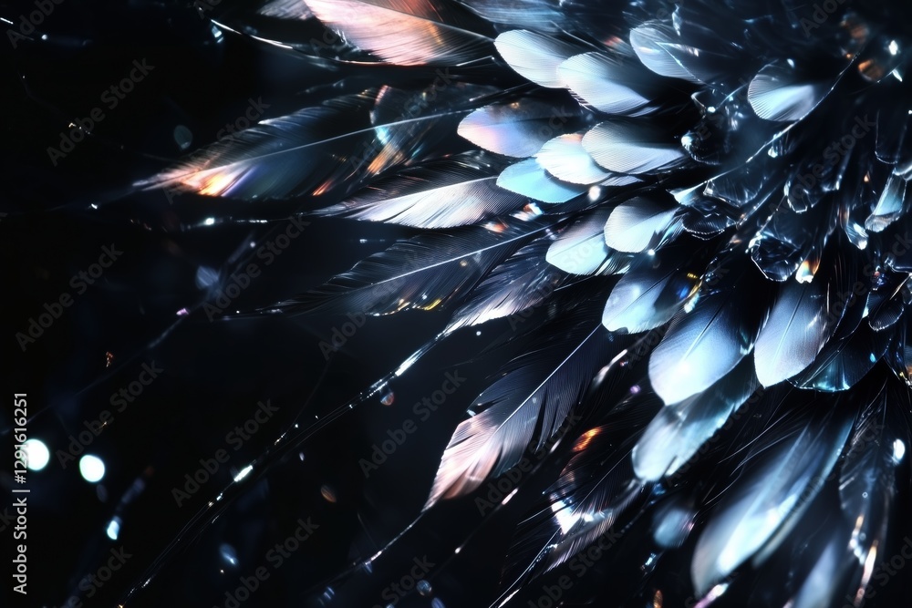 Poster a close-up view of shimmering, iridescent feathers or crystals, reflecting light in various colors a
