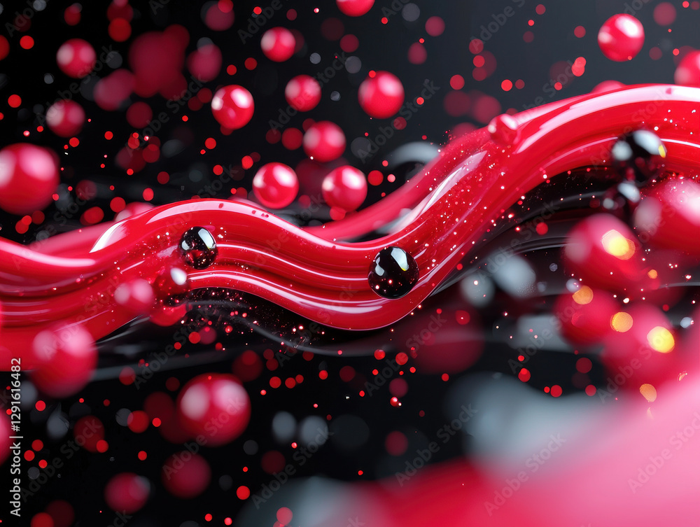 Poster vibrant abstract background featuring flowing red waves and dynamic spheres, creating sense of movem