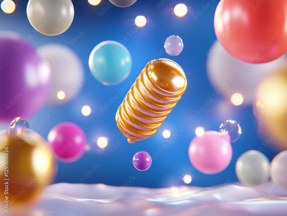 Poster colorful and vibrant scene featuring golden spiral surrounded by various spheres and bubbles, creati