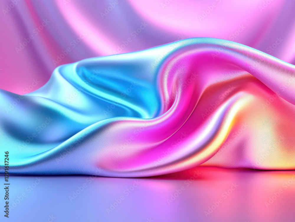 Poster colorful satin fabric with smooth waves and soft texture, creating vibrant and artistic background. 
