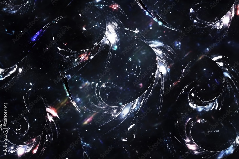 Poster an abstract cosmic background featuring swirling patterns and shimmering lights, resembling a starry