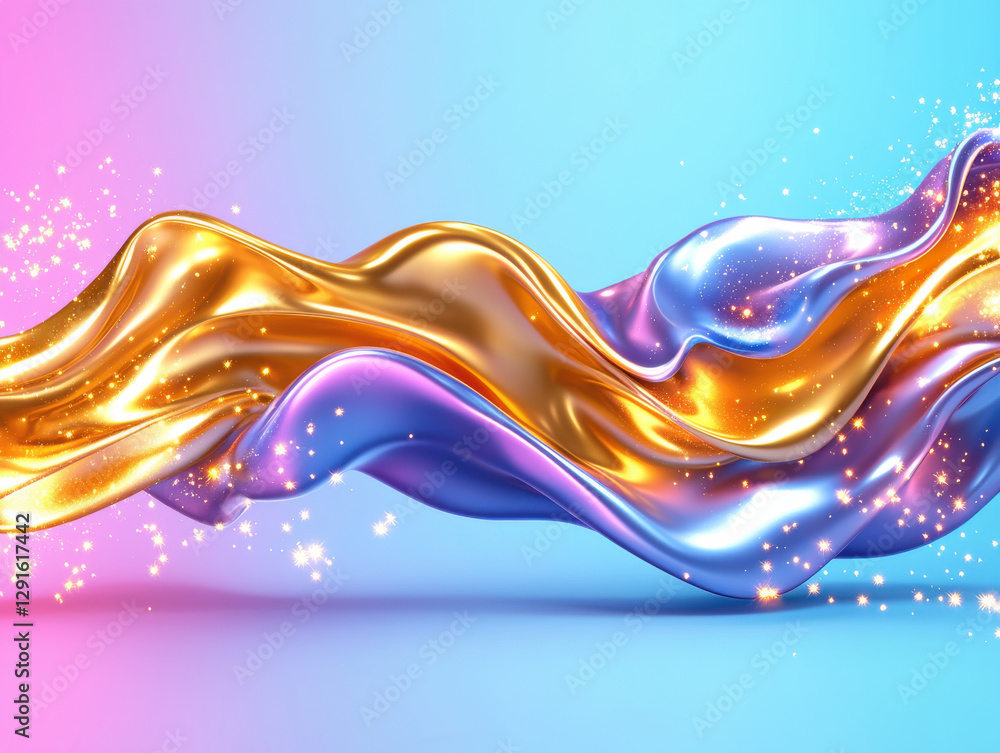 Poster vibrant and colorful abstract design featuring flowing waves of gold, blue, and pink with sparkling 