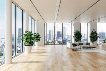 Fototapeta premium Modern Empty Home Office Room Interior With Blank Wall, Computer, Table, Bookshelf Mockup Frame -Ai