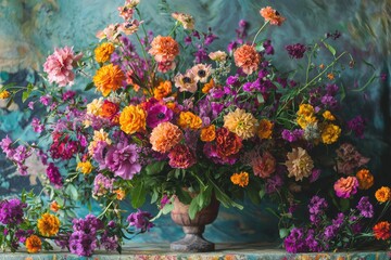 A breathtaking floral arrangement bursts with an array of colorful blooms, creating an exquisite and elegant display against a dreamy, artistic backdrop, placed in a vintage vase.