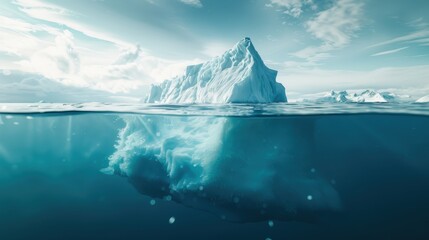 An iceberg slowly sinking, revealing hidden dangers of climate change