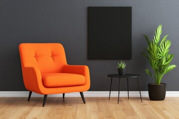 An empty vertical rectangle frame mockup, placed on the wall of a modern living room with plants and warm colors, wood floor, grey walls, orange armchair, black rug, black side tables, and warm