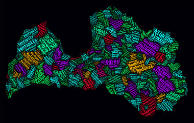 Latvia Word Cloud. Region names of the country in Latvian language. Bright neon style design on dark background. Latvia shape with administrative division. Creative vector illustration.