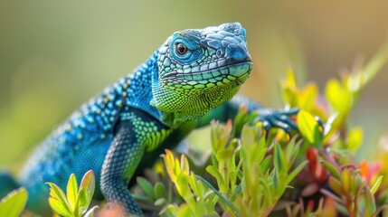 Obraz premium Vibrant Blue and Green Lizard Showcasing Nature's Diversity and Adaptation