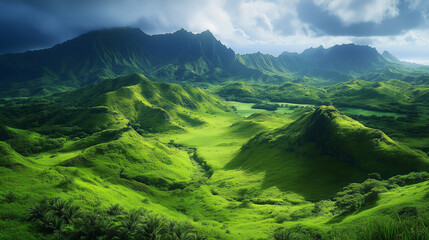 Majestic Green Hills and Mountains Under Cloudy Sky