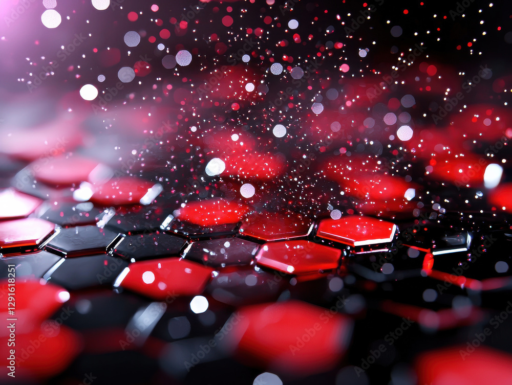 Aufkleber vibrant hexagonal pattern with red and black colors, featuring sparkling particles creating dynamic 