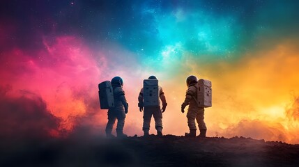 Fototapeta premium Intriguing Astronaut Silhouettes Exploring Vibrant Cosmic Expanse with Mesmerizing Nebula and Galaxy Formations in the Infinite Reaches of Deep Space