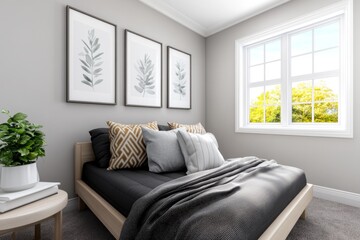 An empty wall with five frames in a modern living room. The walls have neutral tones, and there is carpet on the floor. The sofa has black fabric cushions, and there is a coffee table. A small