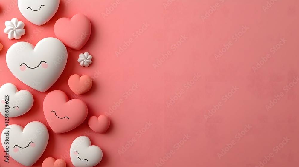 Aufkleber kawaii style hearts with smiling faces floating on the edges of a soft pastel pink blank background 
