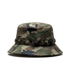 A camouflage bucket hat with a dark band sits against a white background