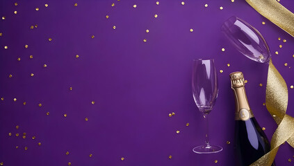 Purple background with small golden confetti, a champagne bottle and two glasses 