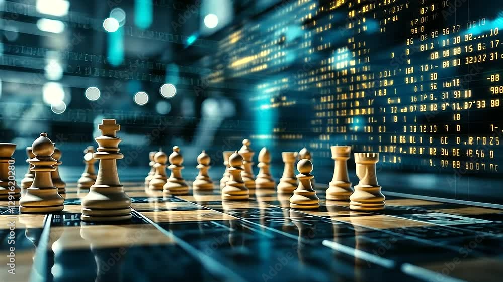 Aufkleber an aerial view of a chessboard with key pieces in a tense standoff, while a live stock market index 