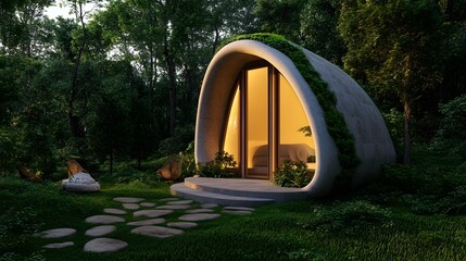 Fototapeta premium Eco-Friendly 3D-Printed Tiny Home Nestled in Lush Forest Setting for Sustainable Off-Grid Living
