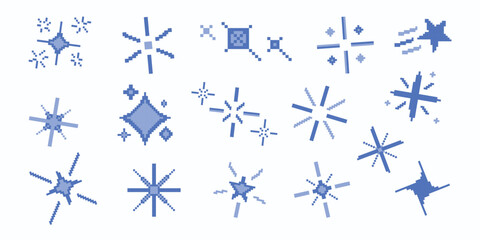Set of pixel art star, sparkle, starburst. Shiny retro game effect. 8 bit firework burst, space decoration. Bright blue shining sparkles. 2D sprite sheet.