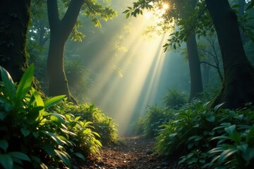 Sunbeams pierce morning fog, lush rainforest floor, earth, jungle