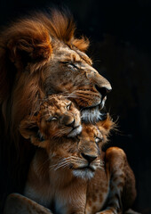 Family of lions with a lion, a lioness, and several cubs. Representing the strength, resilience, and love.
