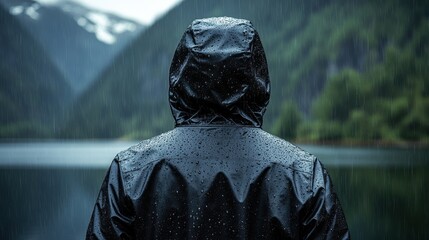 Solitary Figure in Raincoat Contemplating a Mountain Lake