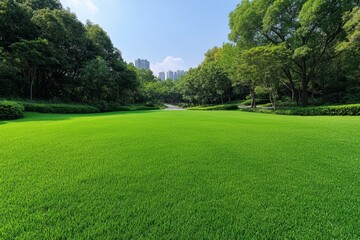 Obraz premium A wide park with trees and grass, a clear sky, and an empty road leading into the distance. The green landscape is lush and vibrant, creating a serene atmosphere that evokes tranquility and