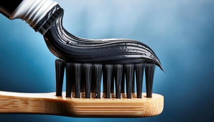 Black toothpaste is artfully applied to a bamboo toothbrush, boosting dental care.