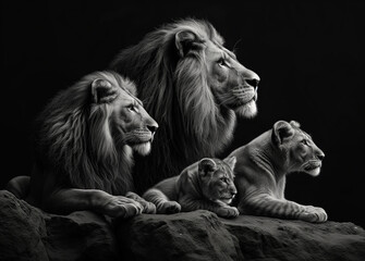Family of lions with a lion, a lioness, and several cubs. Representing the strength, resilience, and love.
