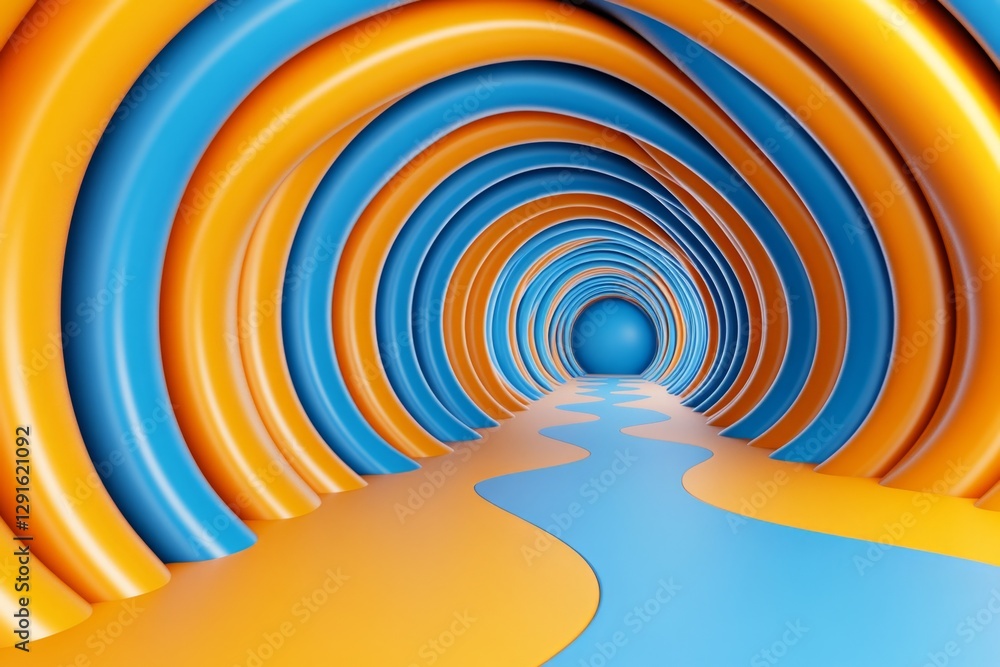 Poster Blue and orange spiral background with circular shapes, 3D rendering, abstract style, high resolution, hyper-quality, hyper-realistic, volumetric lighting, volumetric shadows, close-up, depth