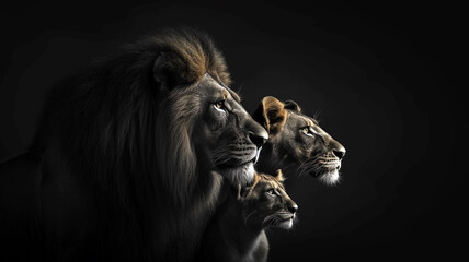 Family of lions with a lion, a lioness, and several cubs. Representing the strength, resilience, and love.