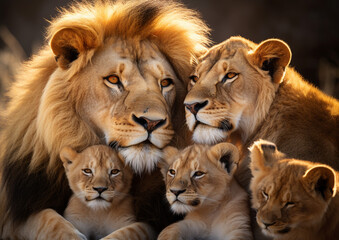 Family of lions with a lion, a lioness, and several cubs. Representing the strength, resilience, and love.