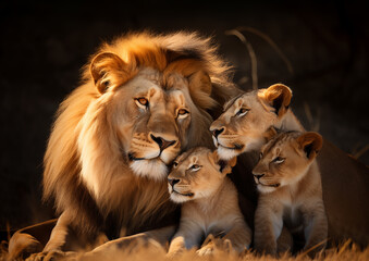 Family of lions with a lion, a lioness, and several cubs. Representing the strength, resilience, and love.