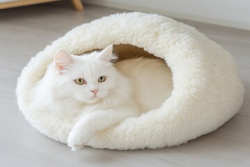 Obraz premium Soft White Cat Relaxing in Cozy Bed with Fluffy Fur Interior