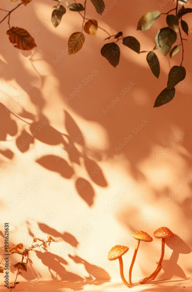 Poster shadows and mushrooms create a tranquil atmosphere in a warm-toned environment filled with natural e