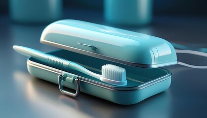 A compact turquoise dental care kit sits open, revealing a sleek toothbrush, ready for use.