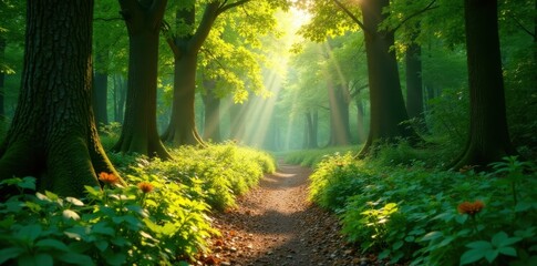 Obraz premium Sun-dappled path winds through lush green forest, sunlight filtering through leaves , summer, bright
